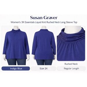 Susan Graver Womens 3X Essentials Liquid Knit Ruched Neck Long Sleeve Top A91298